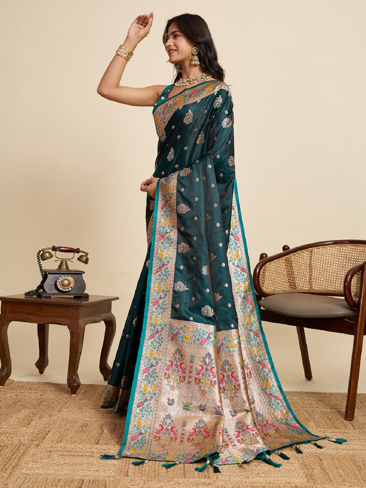 Dwija Fashion Deep Green Wedding Wear Satin Jari Work Saree With Unstitched Blouse