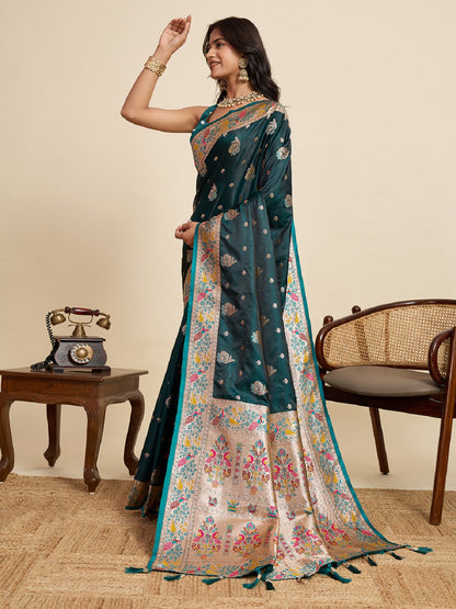 Dwija Fashion Deep Green Wedding Wear Satin Jari Work Saree With Unstitched Blouse