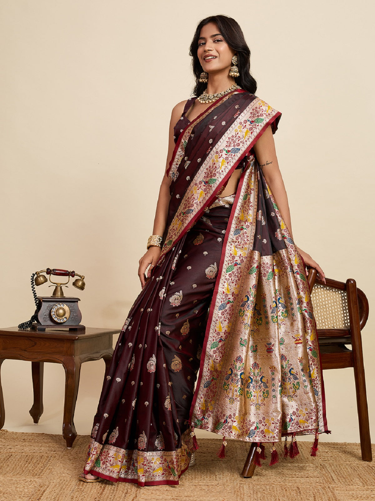 Dwija Fashion Chocolate Brown Wedding Wear Satin Jari Work Saree With Unstitched Blouse