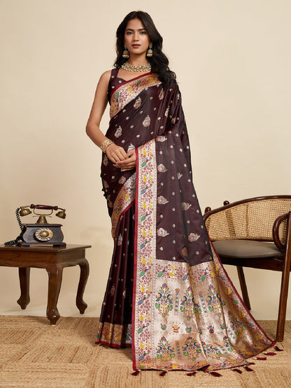 Dwija Fashion Chocolate Brown Wedding Wear Satin Jari Work Saree With Unstitched Blouse
