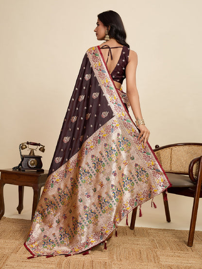Dwija Fashion Chocolate Brown Wedding Wear Satin Jari Work Saree With Unstitched Blouse