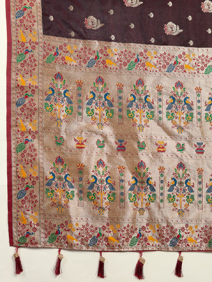 Dwija Fashion Chocolate Brown Wedding Wear Satin Jari Work Saree With Unstitched Blouse