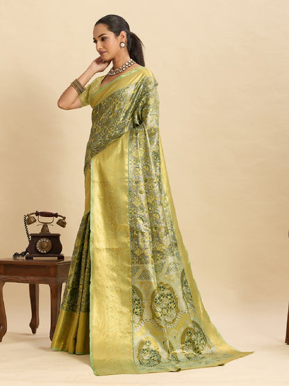 Dwija Fashion Pastel Green Wedding Wear Kanjivaram Silk Jari Weaving With Unstitched Blouse