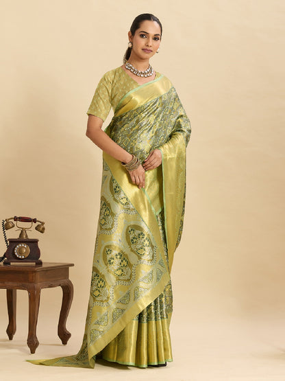 Dwija Fashion Pastel Green Wedding Wear Kanjivaram Silk Jari Weaving With Unstitched Blouse