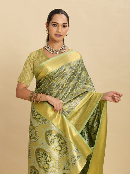 Dwija Fashion Pastel Green Wedding Wear Kanjivaram Silk Jari Weaving With Unstitched Blouse