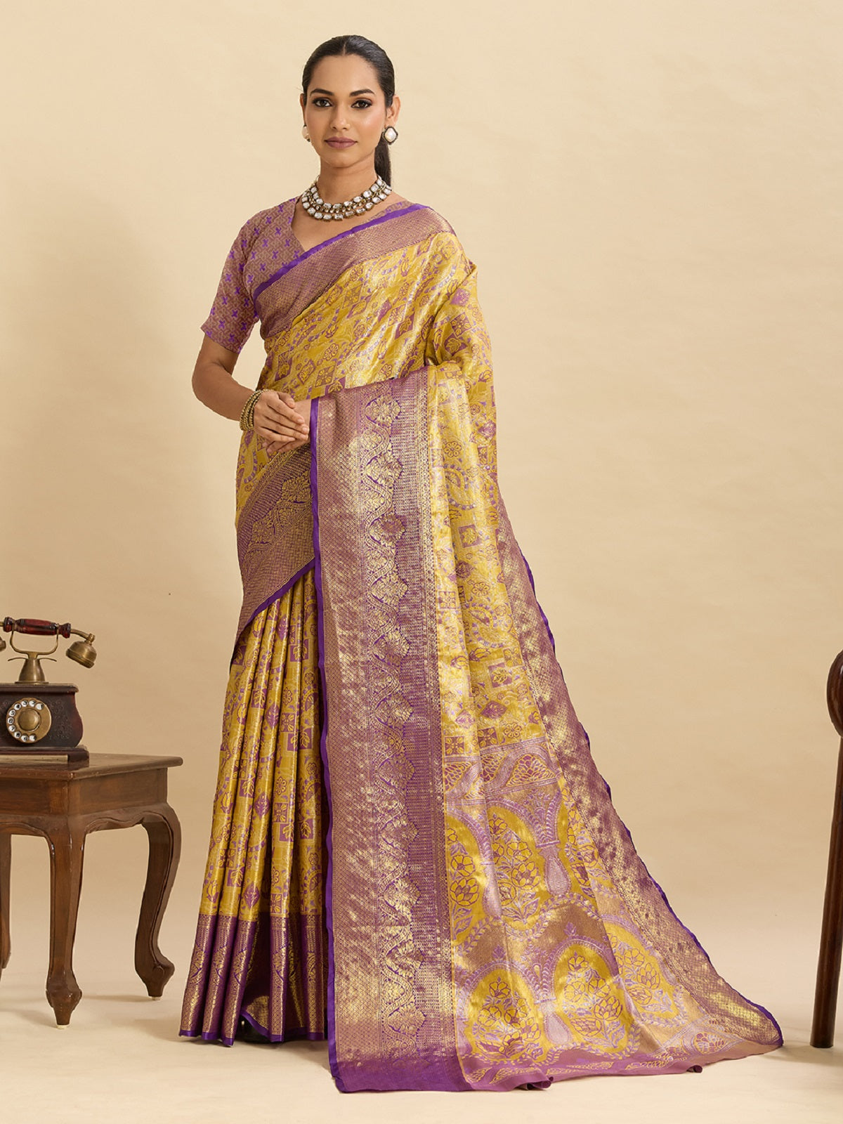 Dwija Fashion Yellow Wedding Wear Kanjivaram Silk Jari Weaving With Unstitched Blouse