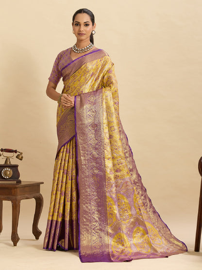 Dwija Fashion Yellow Wedding Wear Kanjivaram Silk Jari Weaving With Unstitched Blouse