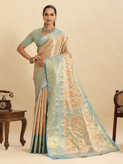 Dwija Fashion Beige Wedding Wear Kanjivaram Silk Jari Weaving With Unstitched Blouse