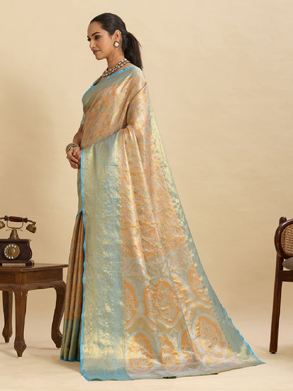 Dwija Fashion Beige Wedding Wear Kanjivaram Silk Jari Weaving With Unstitched Blouse