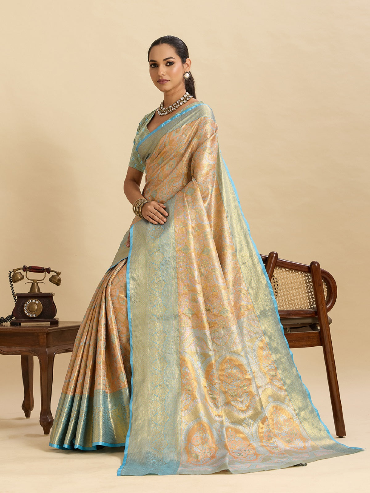 Dwija Fashion Beige Wedding Wear Kanjivaram Silk Jari Weaving With Unstitched Blouse