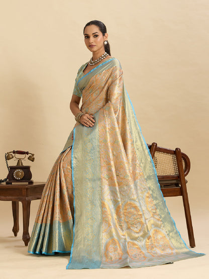 Dwija Fashion Beige Wedding Wear Kanjivaram Silk Jari Weaving With Unstitched Blouse