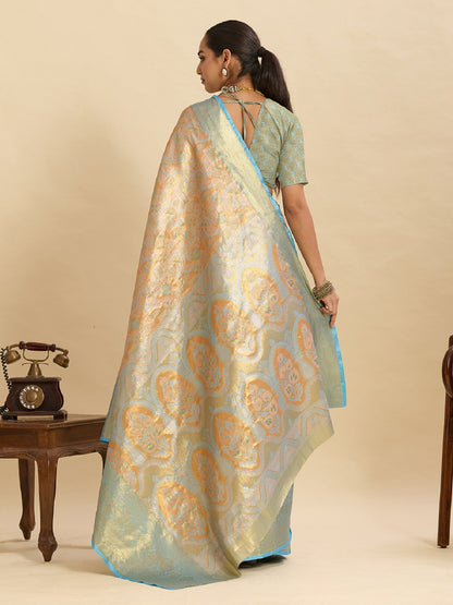 Dwija Fashion Beige Wedding Wear Kanjivaram Silk Jari Weaving With Unstitched Blouse