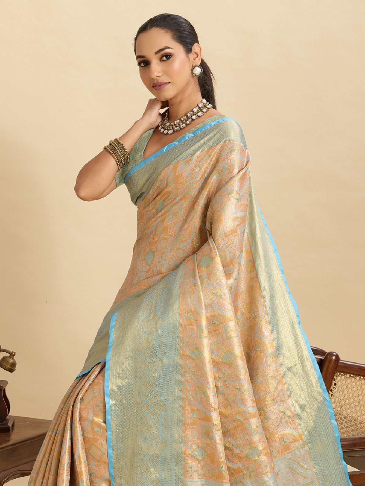 Dwija Fashion Beige Wedding Wear Kanjivaram Silk Jari Weaving With Unstitched Blouse