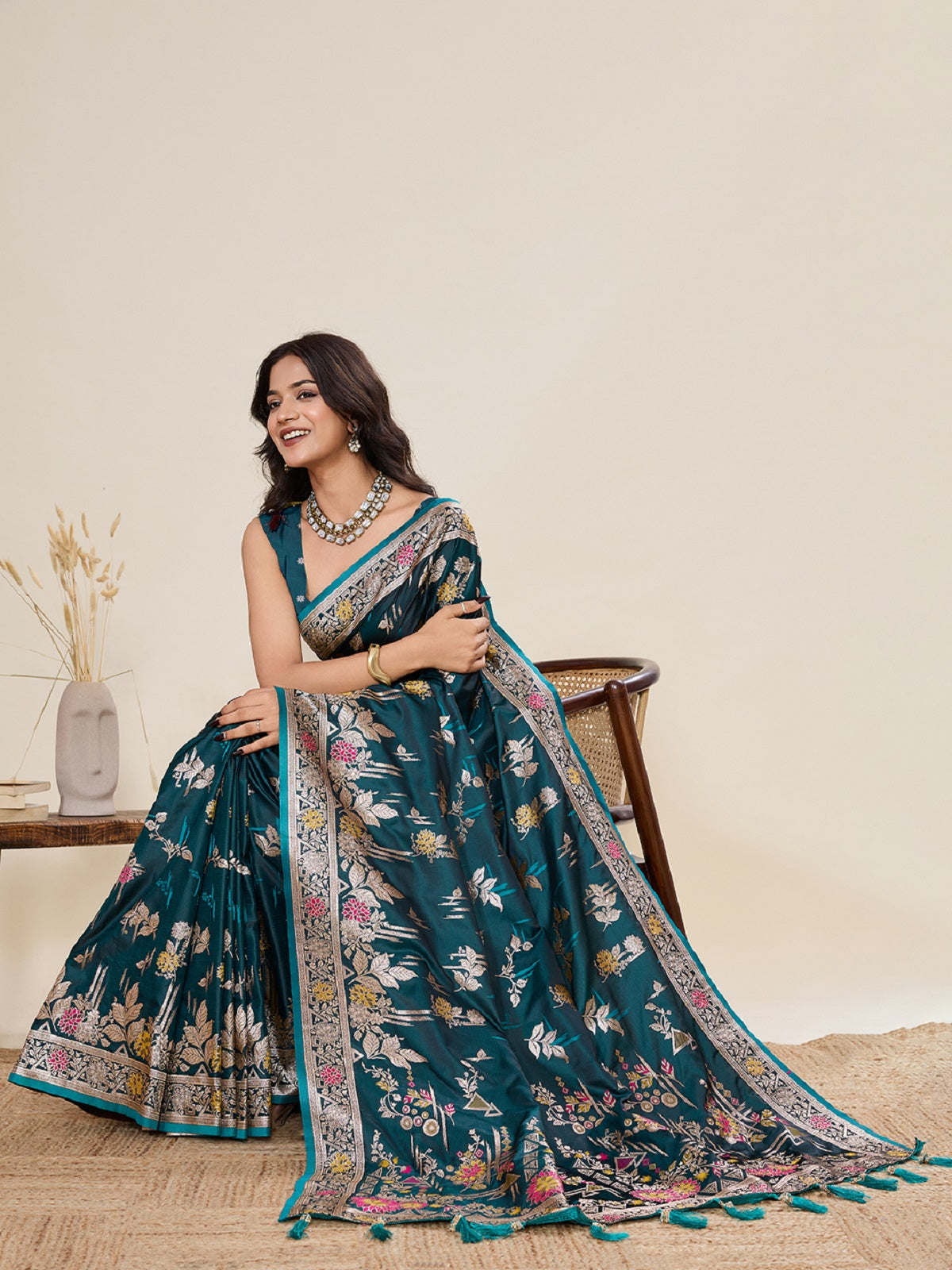 Dwija Fashion Deep Teal Green Wedding Wear Satin Paithani Jari Motifs Work With Unstitched Blouse
