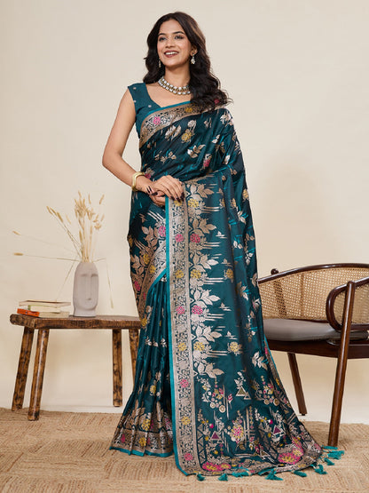 Dwija Fashion Deep Teal Green Wedding Wear Satin Paithani Jari Motifs Work With Unstitched Blouse