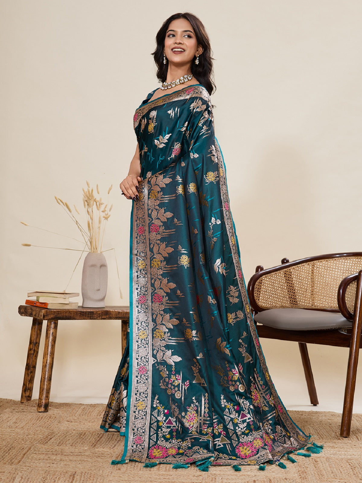 Dwija Fashion Deep Teal Green Wedding Wear Satin Paithani Jari Motifs Work With Unstitched Blouse
