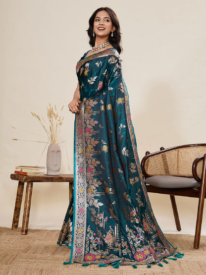 Dwija Fashion Deep Teal Green Wedding Wear Satin Paithani Jari Motifs Work With Unstitched Blouse