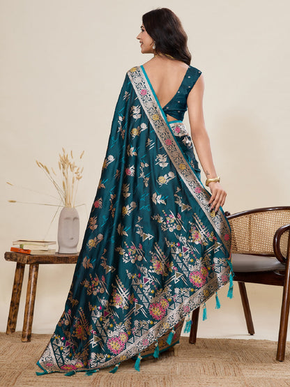 Dwija Fashion Deep Teal Green Wedding Wear Satin Paithani Jari Motifs Work With Unstitched Blouse