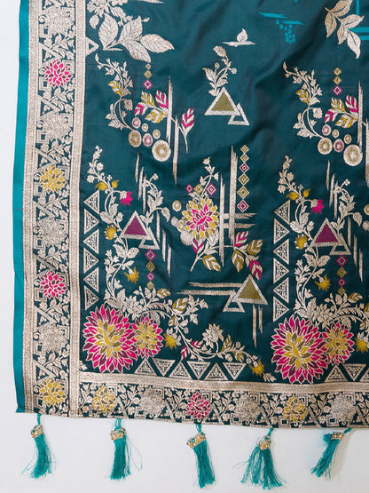 Dwija Fashion Deep Teal Green Wedding Wear Satin Paithani Jari Motifs Work With Unstitched Blouse