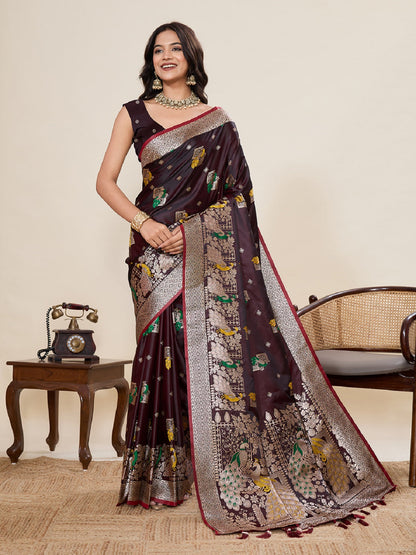 Dwija Fashion Deep Wine Wedding Wear Satin Paithani Jari Motifs Work With Unstitched Blouse