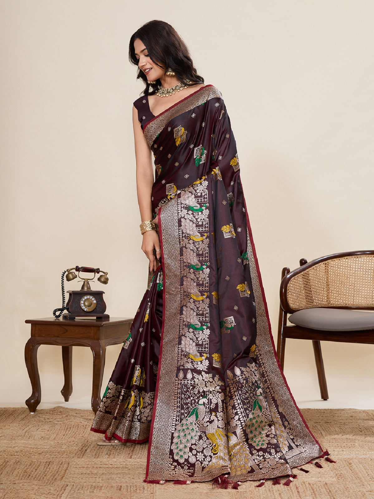 Dwija Fashion Deep Wine Wedding Wear Satin Paithani Jari Motifs Work With Unstitched Blouse