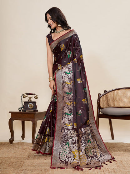 Dwija Fashion Deep Wine Wedding Wear Satin Paithani Jari Motifs Work With Unstitched Blouse