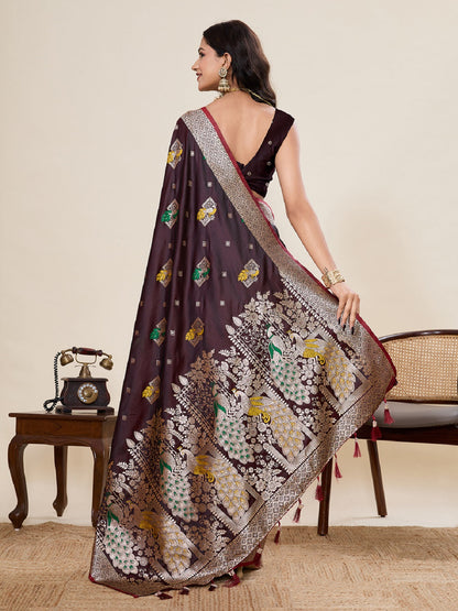 Dwija Fashion Deep Wine Wedding Wear Satin Paithani Jari Motifs Work With Unstitched Blouse