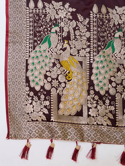 Dwija Fashion Deep Wine Wedding Wear Satin Paithani Jari Motifs Work With Unstitched Blouse