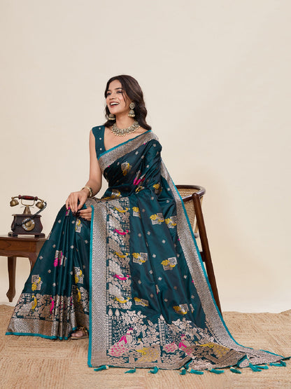 Dwija Fashion Teal Green Wedding Wear Satin Paithani Jari Motifs Work With Unstitched Blouse