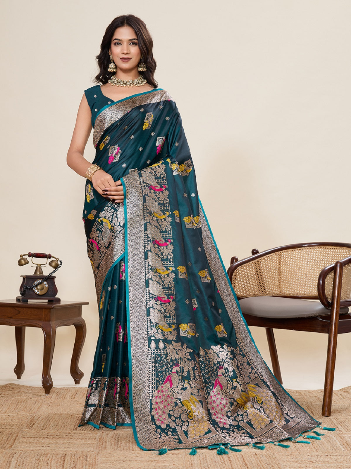 Dwija Fashion Teal Green Wedding Wear Satin Paithani Jari Motifs Work With Unstitched Blouse