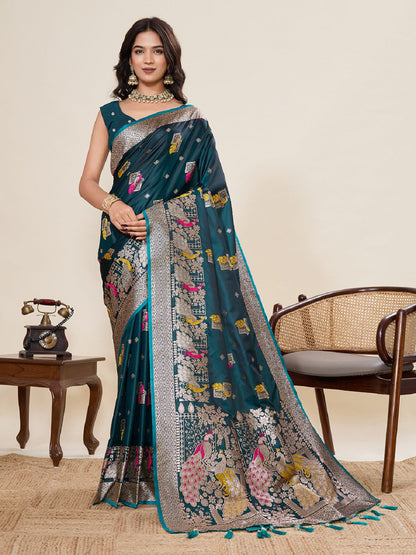 Dwija Fashion Teal Green Wedding Wear Satin Paithani Jari Motifs Work With Unstitched Blouse
