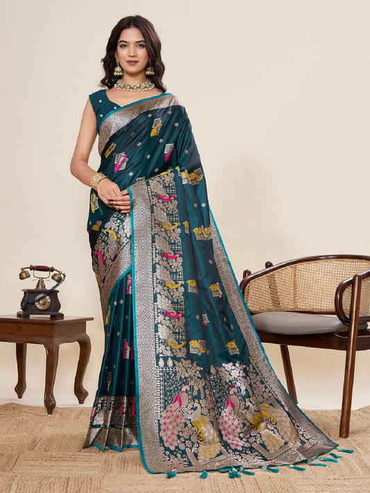 Dwija Fashion Teal Green Wedding Wear Satin Paithani Jari Motifs Work With Unstitched Blouse