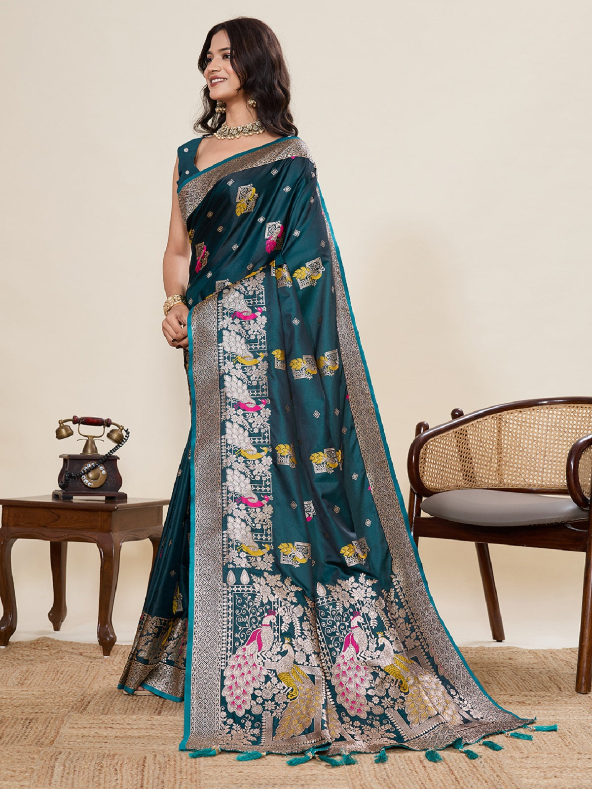 Dwija Fashion Teal Green Wedding Wear Satin Paithani Jari Motifs Work With Unstitched Blouse