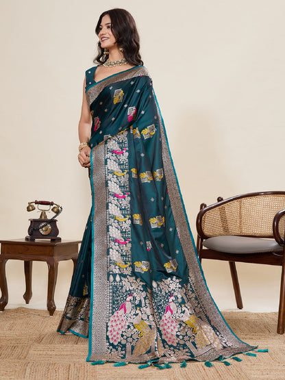 Dwija Fashion Teal Green Wedding Wear Satin Paithani Jari Motifs Work With Unstitched Blouse