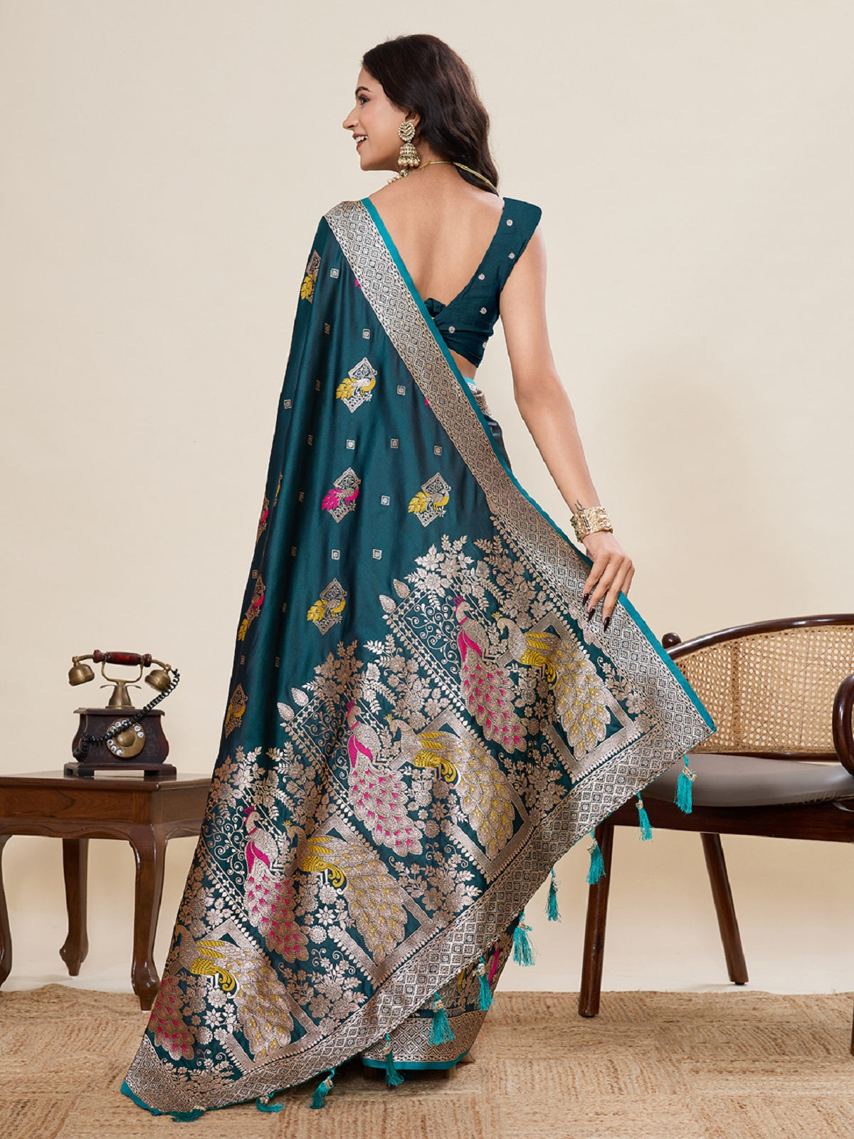 Dwija Fashion Teal Green Wedding Wear Satin Paithani Jari Motifs Work With Unstitched Blouse