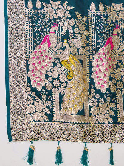 Dwija Fashion Teal Green Wedding Wear Satin Paithani Jari Motifs Work With Unstitched Blouse