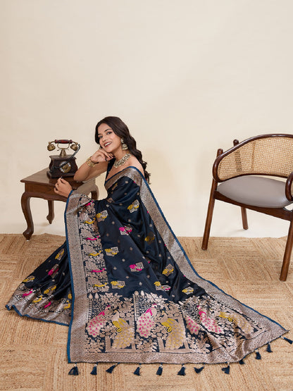 Dwija Fashion Black Wedding Wear Satin Paithani Jari Motifs Work With Unstitched Blouse