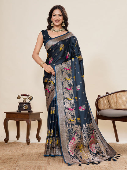 Dwija Fashion Black Wedding Wear Satin Paithani Jari Motifs Work With Unstitched Blouse