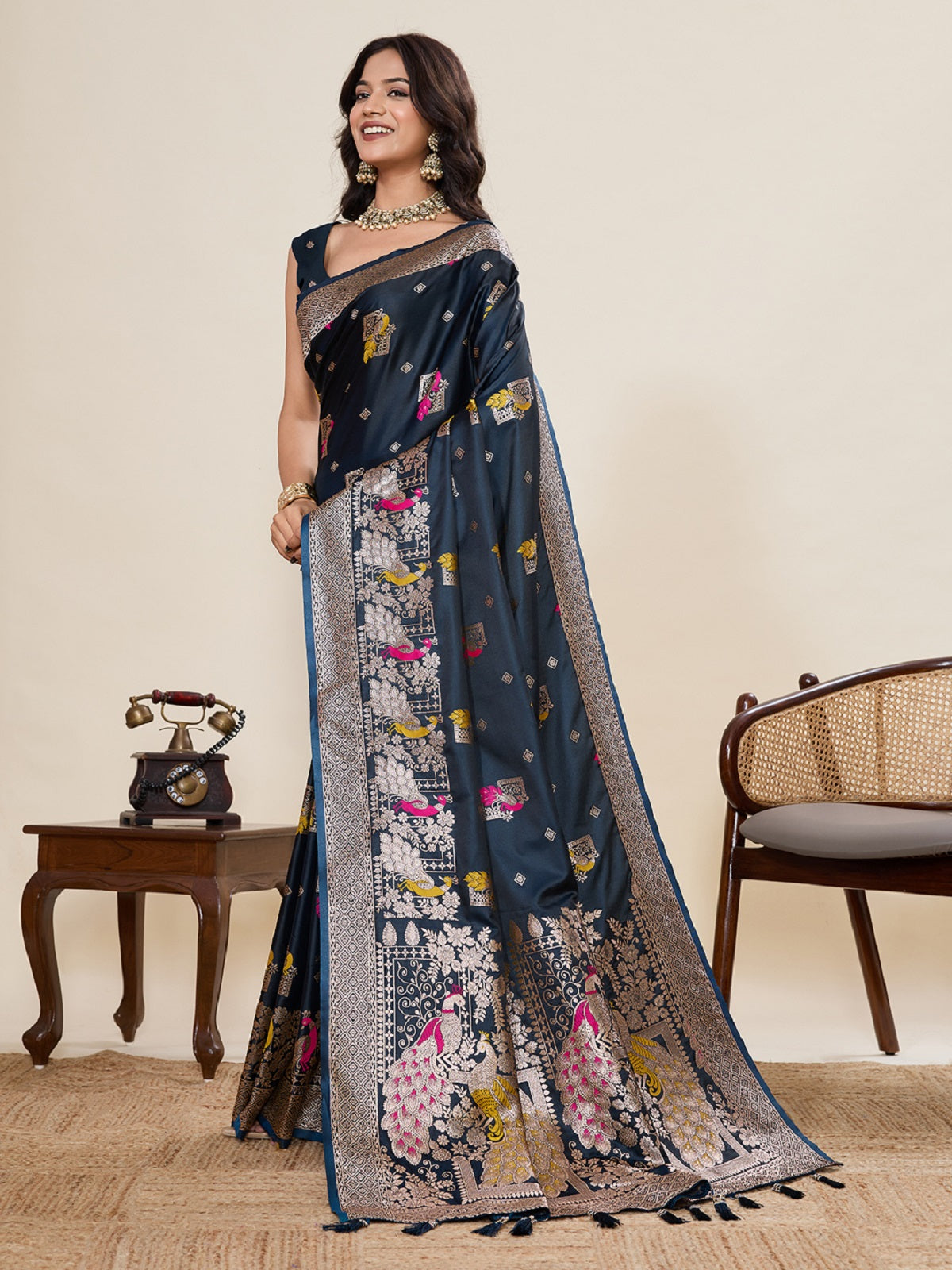 Dwija Fashion Black Wedding Wear Satin Paithani Jari Motifs Work With Unstitched Blouse
