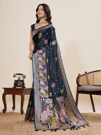Dwija Fashion Black Wedding Wear Satin Paithani Jari Motifs Work With Unstitched Blouse