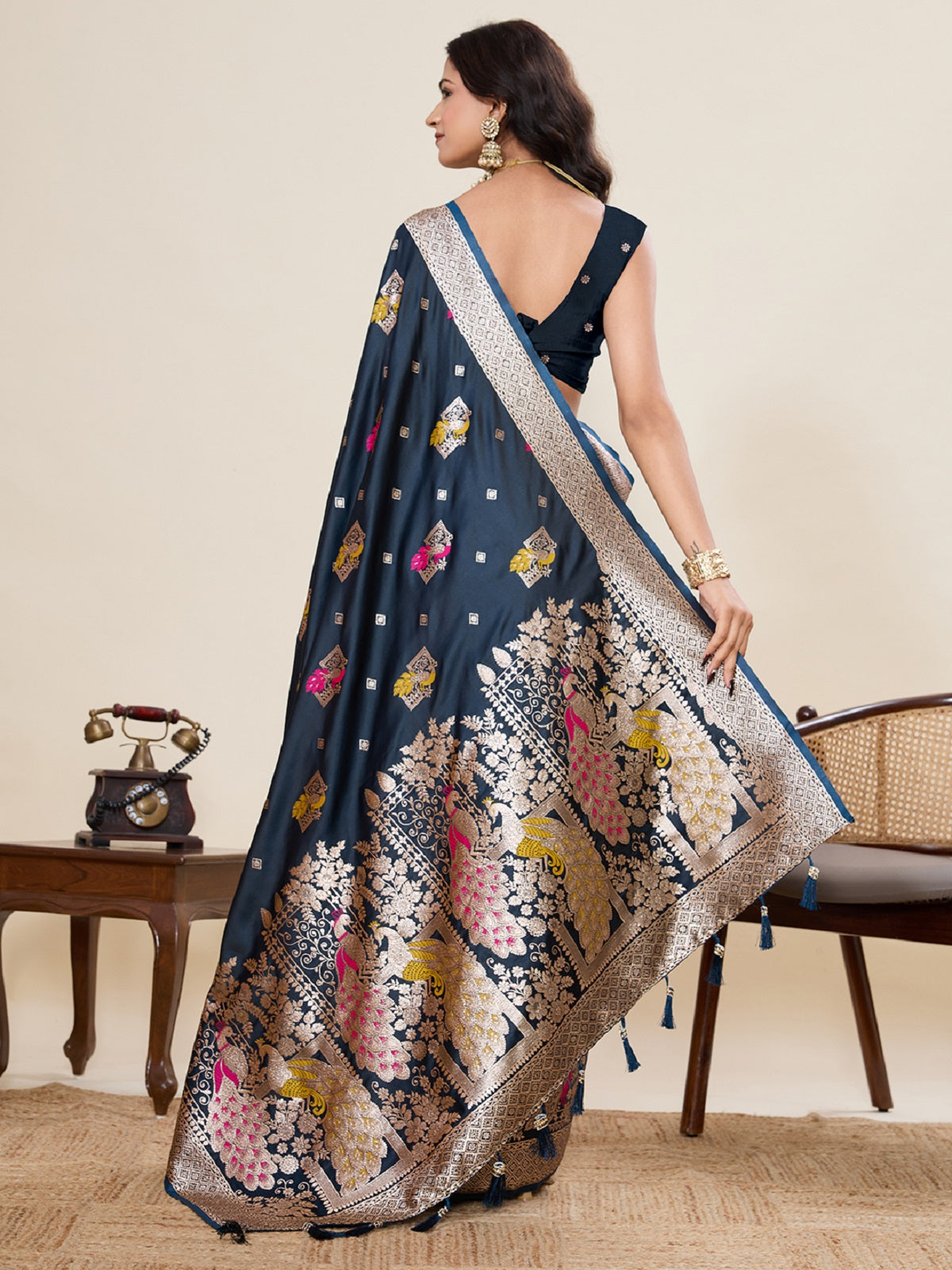 Dwija Fashion Black Wedding Wear Satin Paithani Jari Motifs Work With Unstitched Blouse