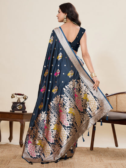 Dwija Fashion Black Wedding Wear Satin Paithani Jari Motifs Work With Unstitched Blouse