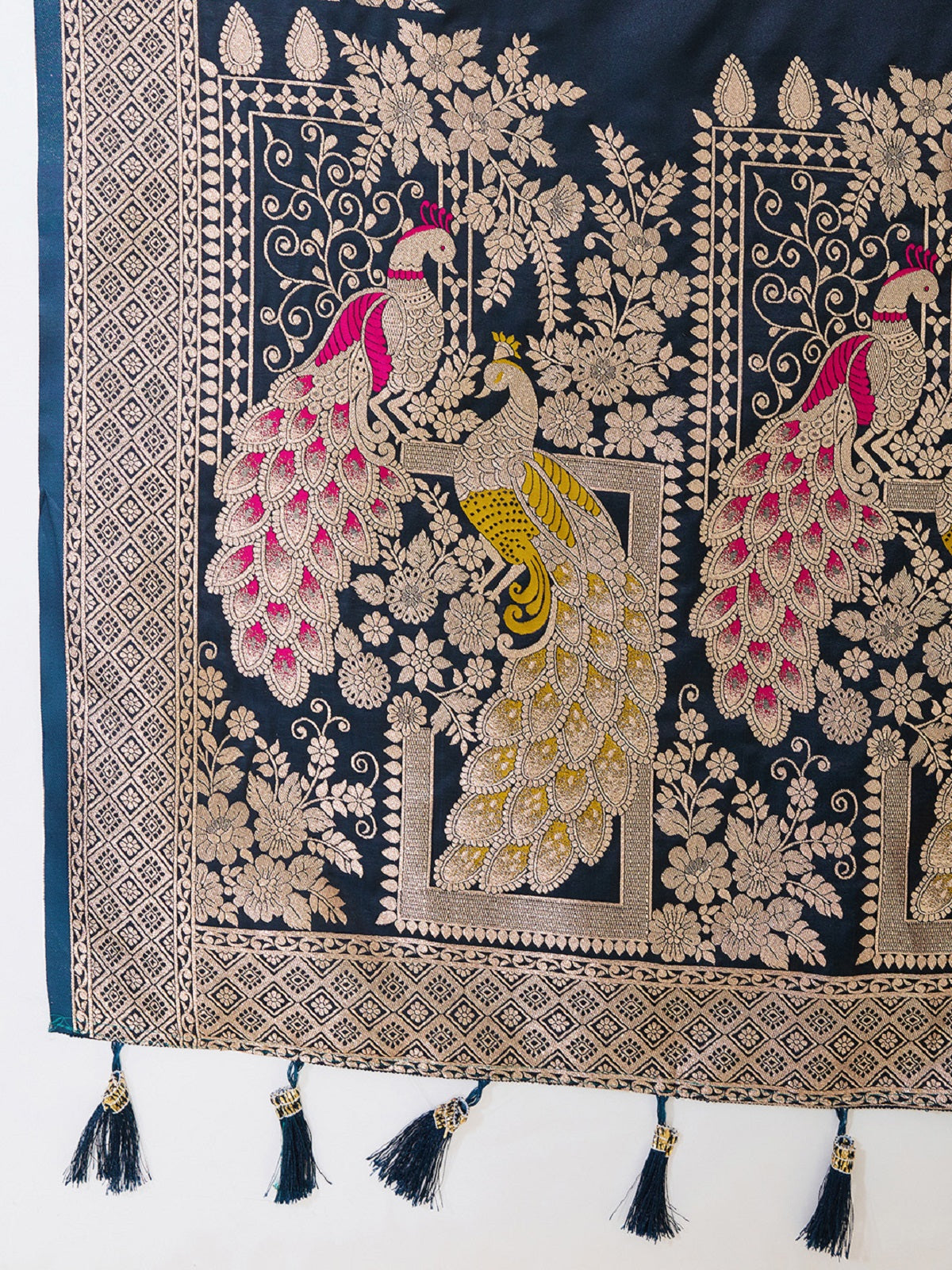 Dwija Fashion Black Wedding Wear Satin Paithani Jari Motifs Work With Unstitched Blouse