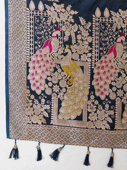 Dwija Fashion Black Wedding Wear Satin Paithani Jari Motifs Work With Unstitched Blouse
