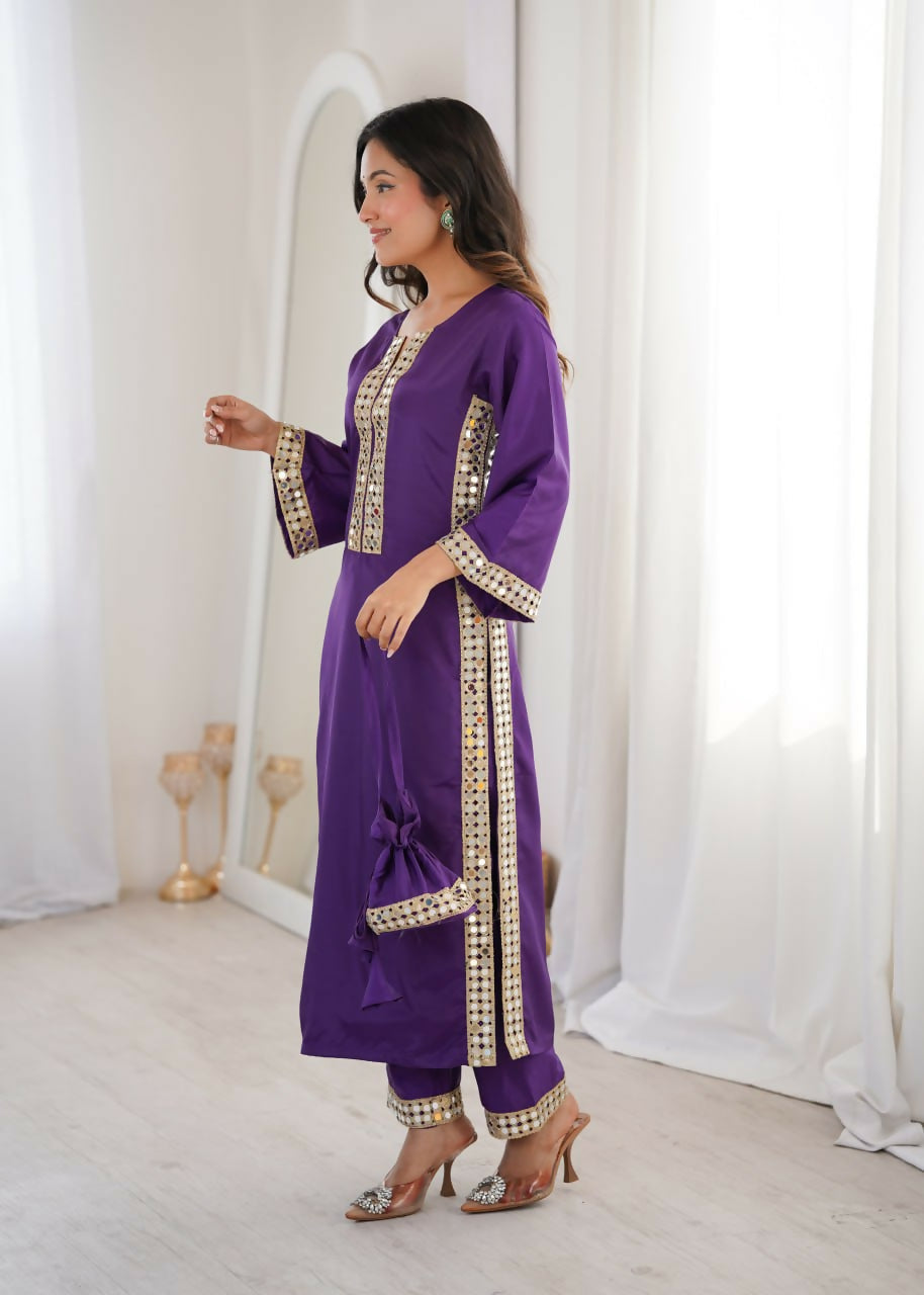 Teeya Creation Womens New Trending Purple Color Natural Crepe With Real Mirror Lace Work Kurta Set