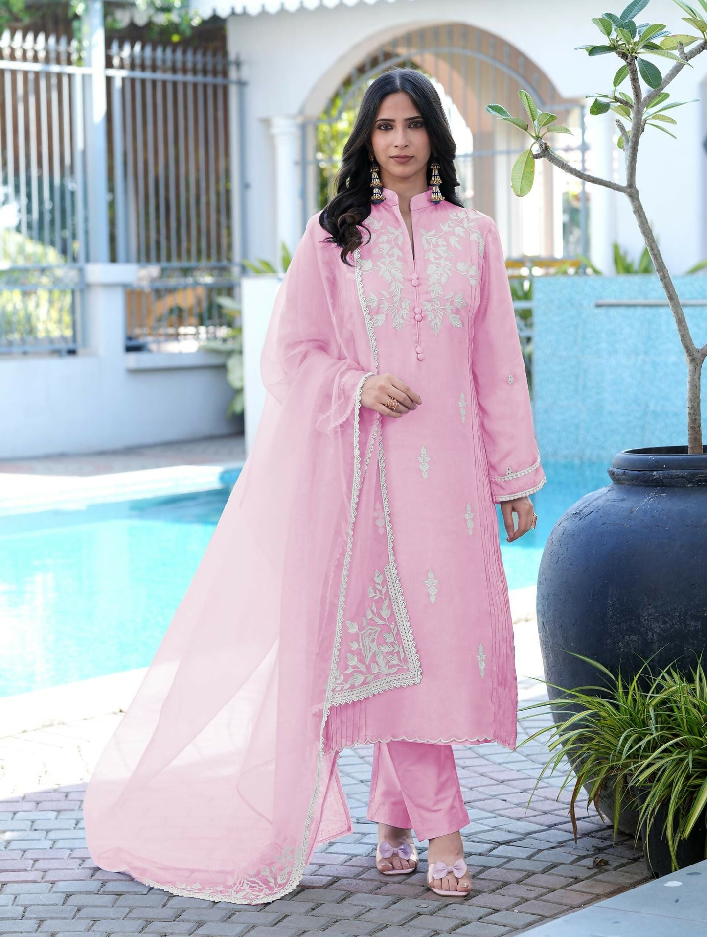 Nikhaar Light Pink Embroidered Modal Silk Stitched Straight Cut Kurta Pants Dupatta Readymade Suit