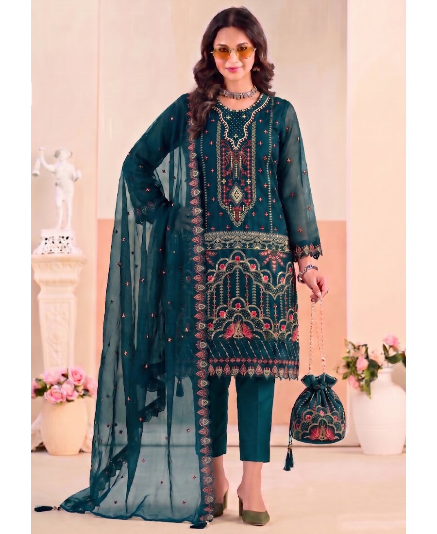 KC Teal Blue Pakistani Crunchy Silk Heavy Salwar Kameez For Women