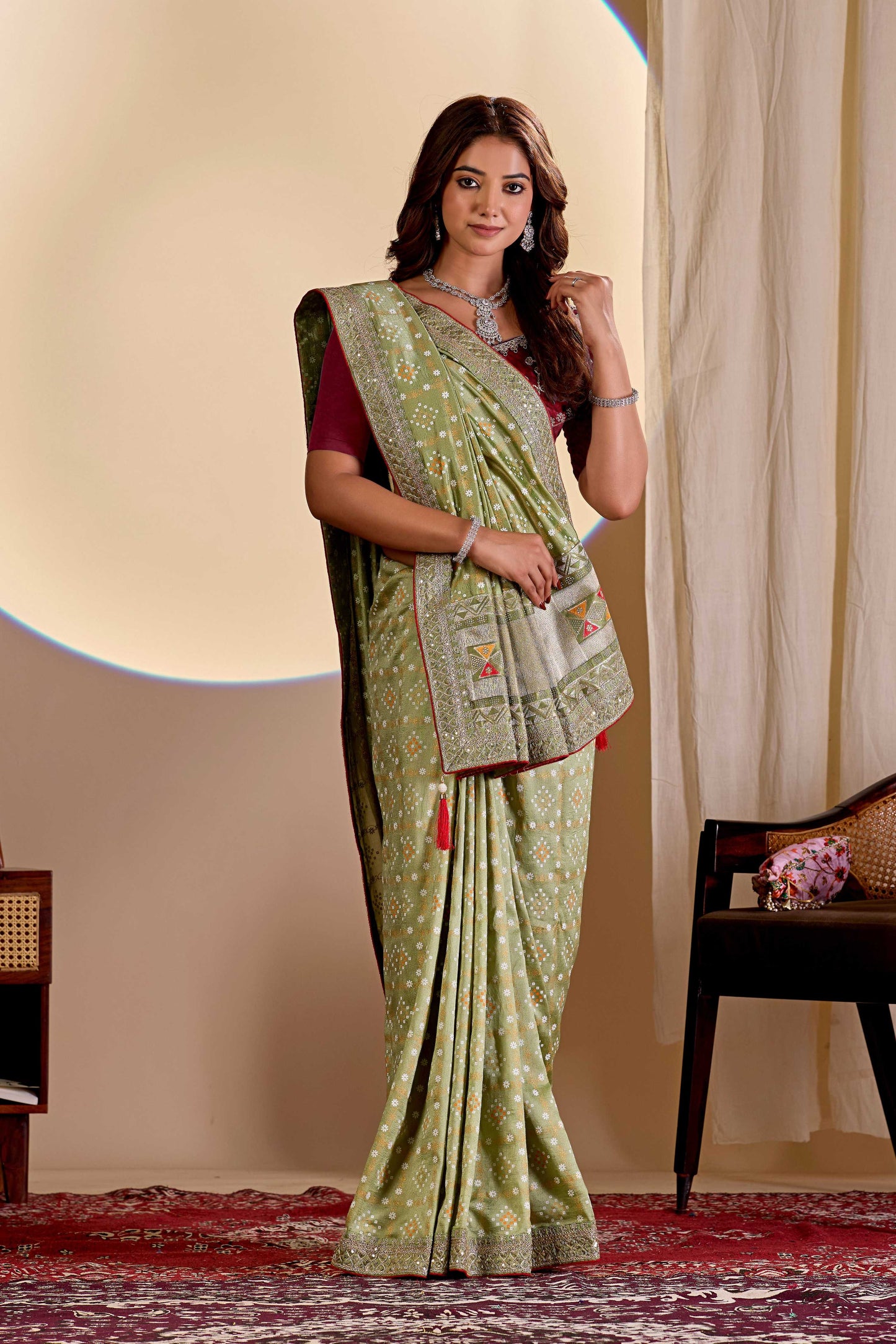 Dwija Fashion Women'S Party Wear Embroidery Vichitra Cp Designer Saree With Unstitched Blouse-Mint Green