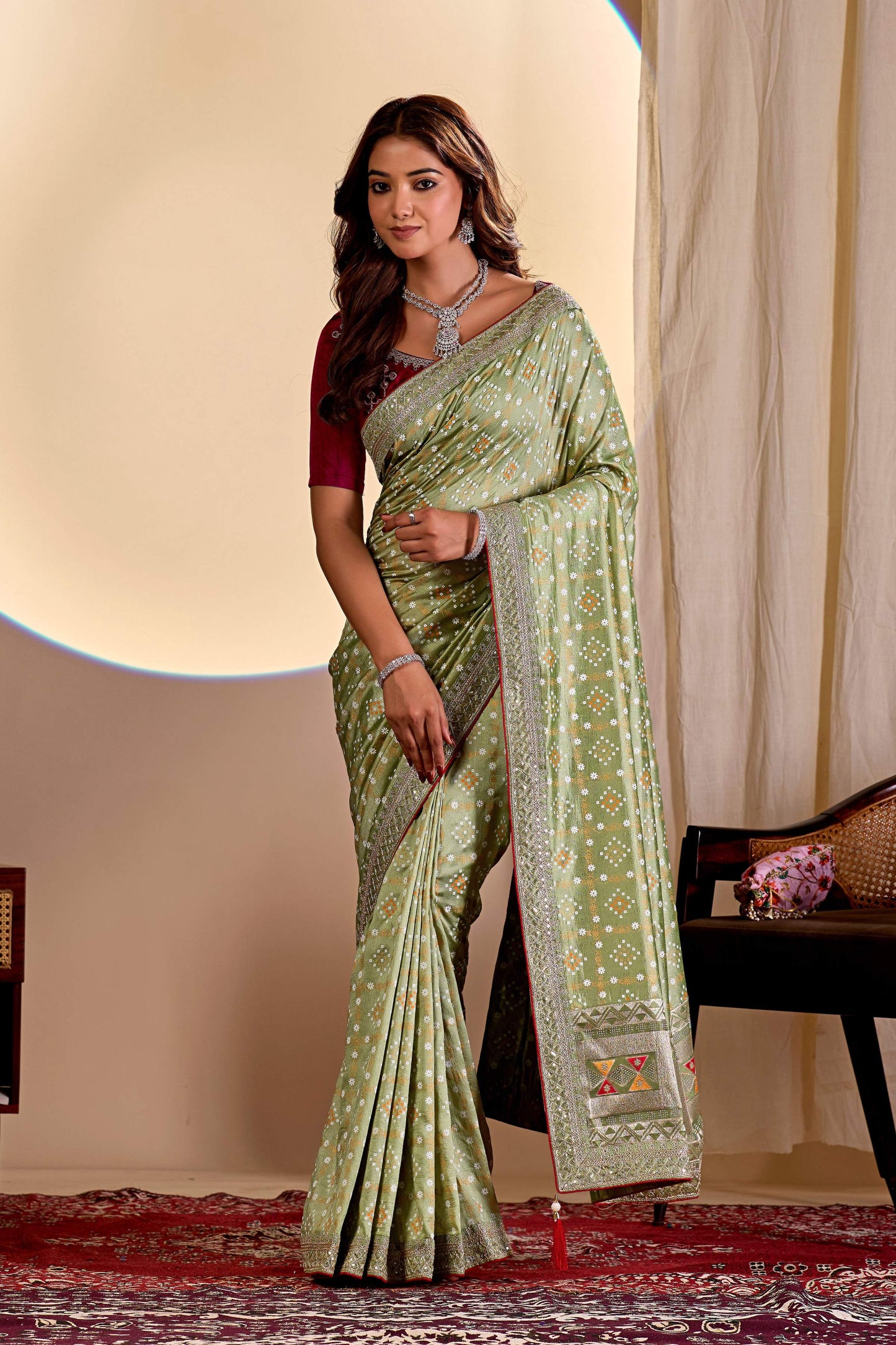 Dwija Fashion Women'S Party Wear Embroidery Vichitra Cp Designer Saree With Unstitched Blouse-Mint Green