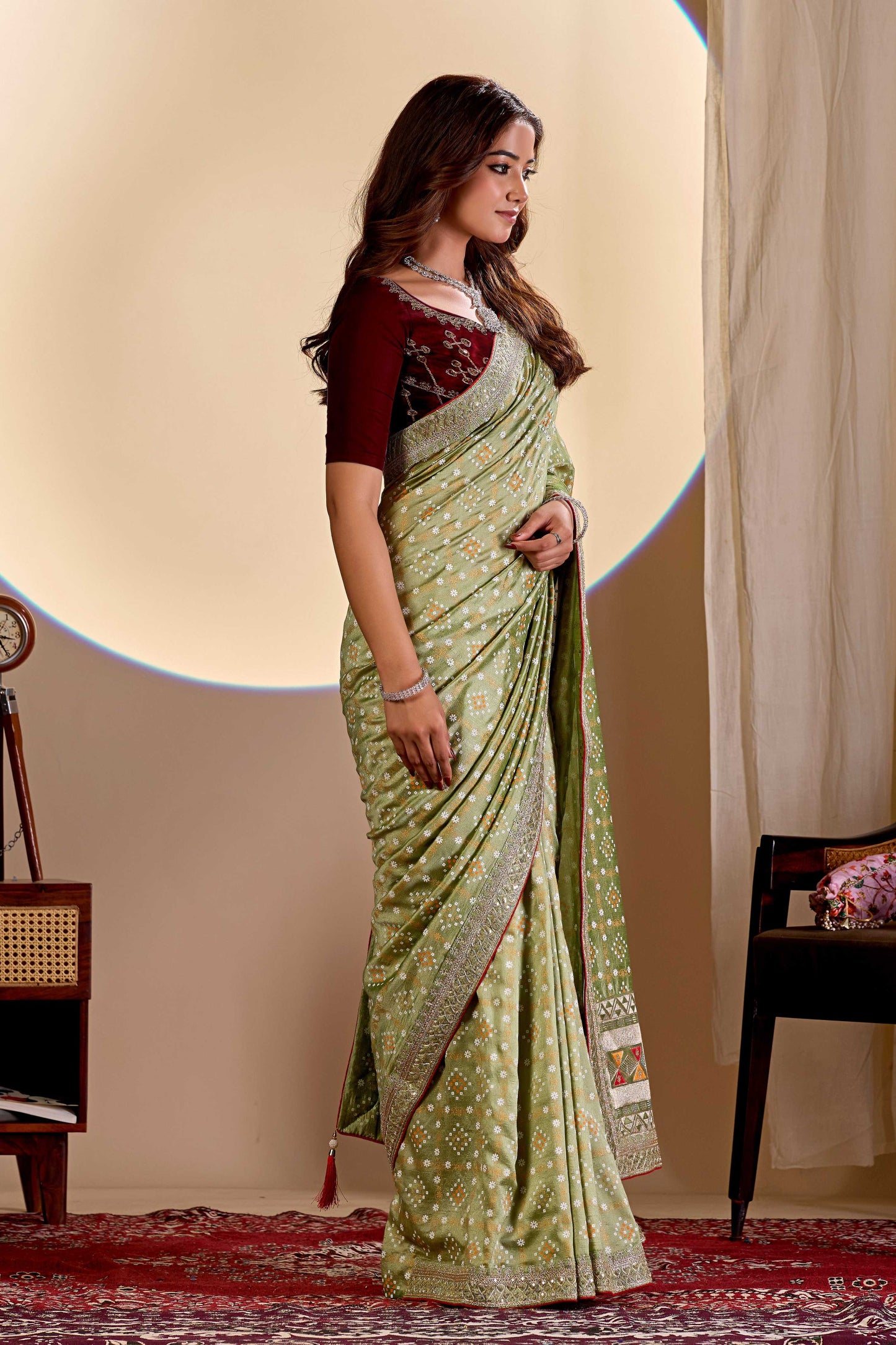 Dwija Fashion Women'S Party Wear Embroidery Vichitra Cp Designer Saree With Unstitched Blouse-Mint Green